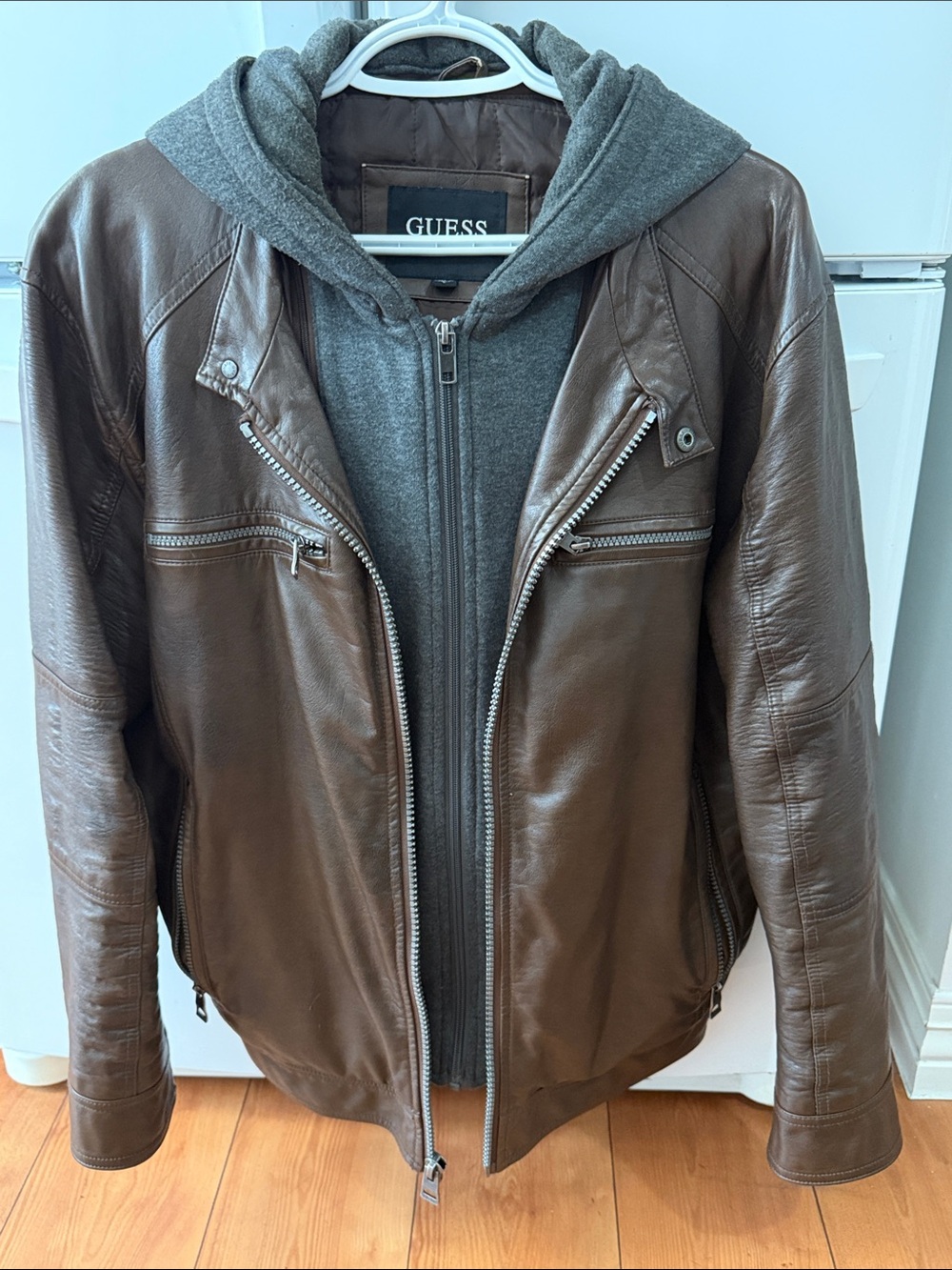 GUESS Men’s Brown Leather Bomber Jacket with Gray Hooded Liner